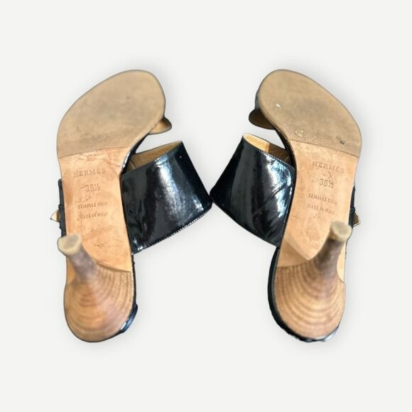 Hermès Black Patent Leather Sandals 36.5 Gold Hardware Buckle Heel Textured Stud - Picture 7 of 10